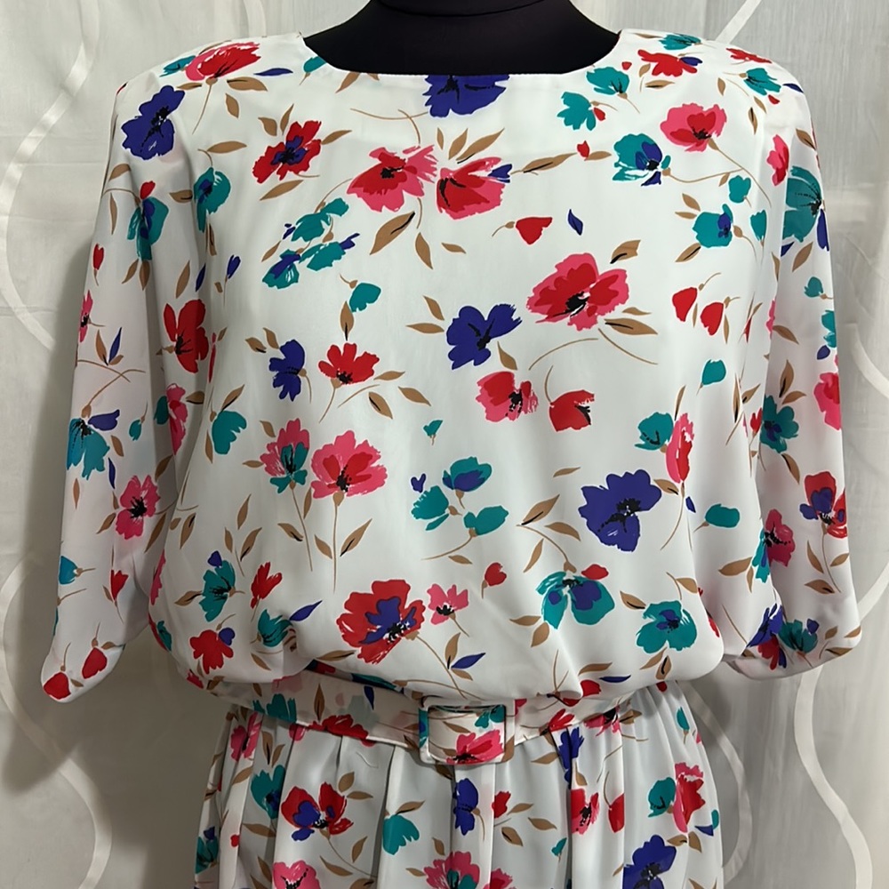 Vintage, Pellini Petites By Von Bramlett, White & Floral Print Dress, Size 13/14 - Picture 2 of 7